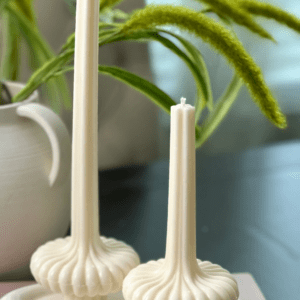 Two candles are sitting on a table next to some plants.
